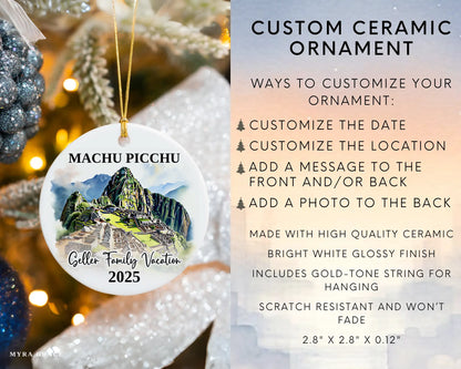 Custom vacation Machu Picchu ceramic photo ornament with personalized message – handmade Christmas bauble, gift souvenir, or vacation keepsake. Infographic