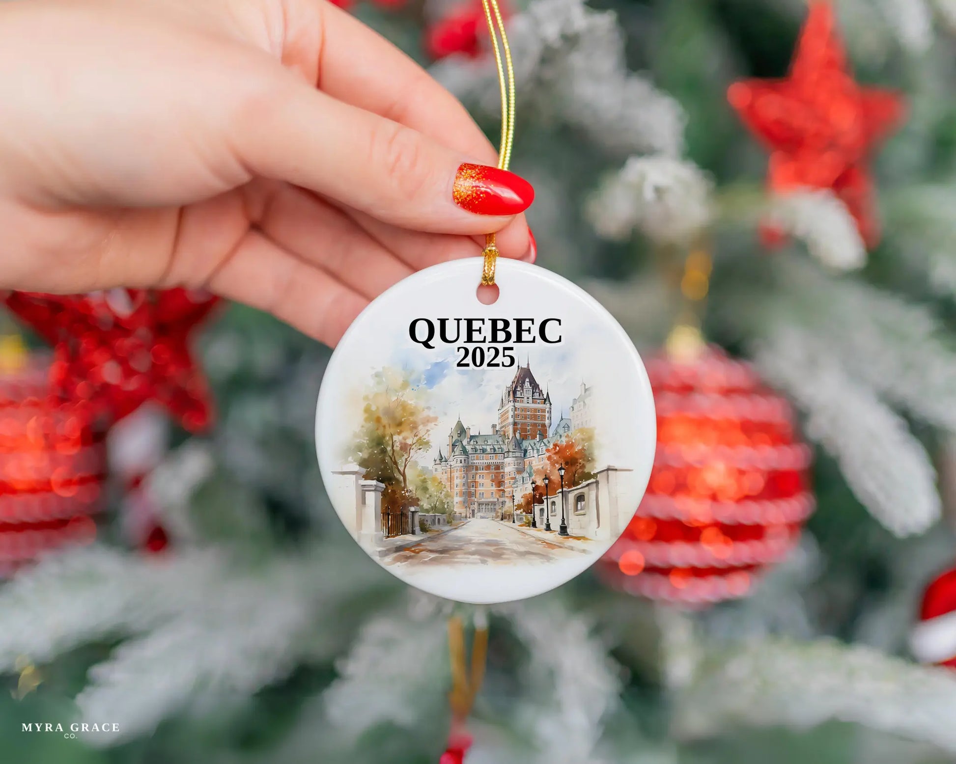 Custom Quebec ceramic photo ornament with personalized message – handmade Christmas bauble, gift souvenir, or vacation keepsake. 