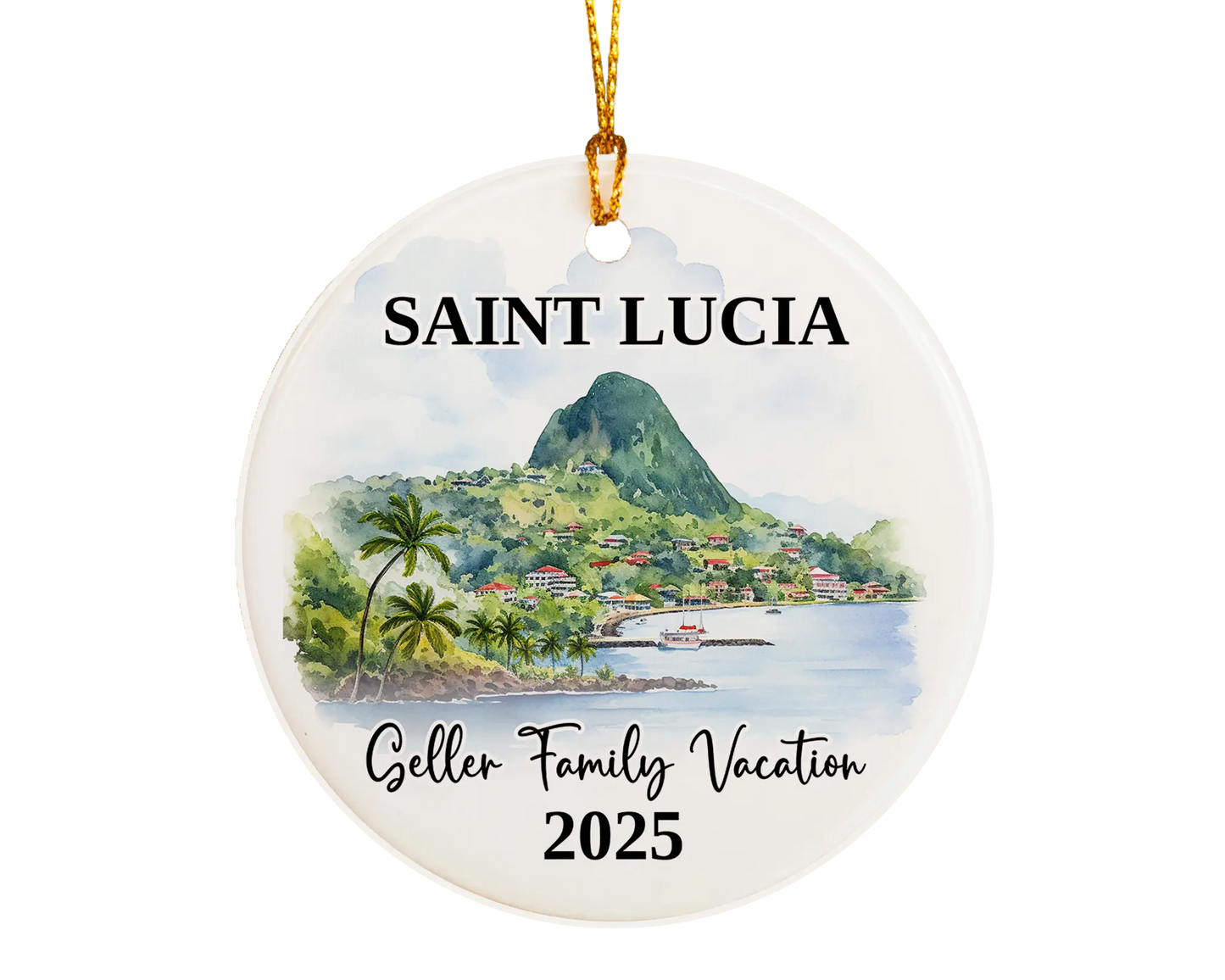 Custom vacation Saint Lucia ceramic photo ornament with personalized message – handmade Christmas bauble, gift souvenir, or vacation keepsake. 