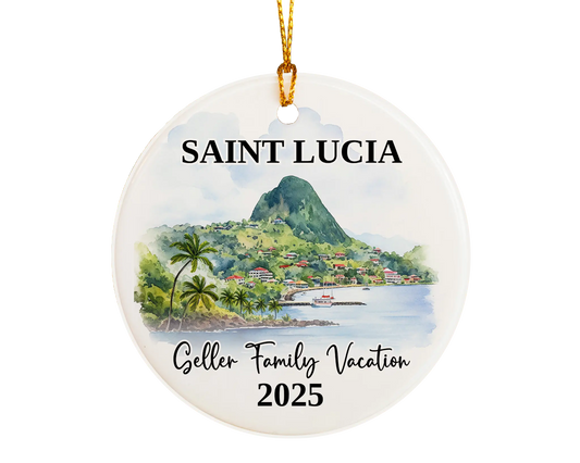 Custom vacation Saint Lucia ceramic photo ornament with personalized message – handmade Christmas bauble, gift souvenir, or vacation keepsake. 