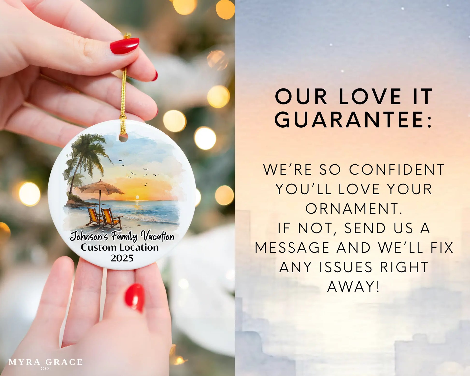 Custom vacation ceramic photo ornament with personalized message – handmade Christmas bauble, gift souvenir, or vacation keepsake. Love it guarantee