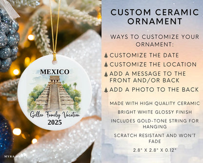 Custom vacation Mexico Pyramids ceramic photo ornament with personalized message – handmade Christmas bauble, gift souvenir, or vacation keepsake. Infographic
