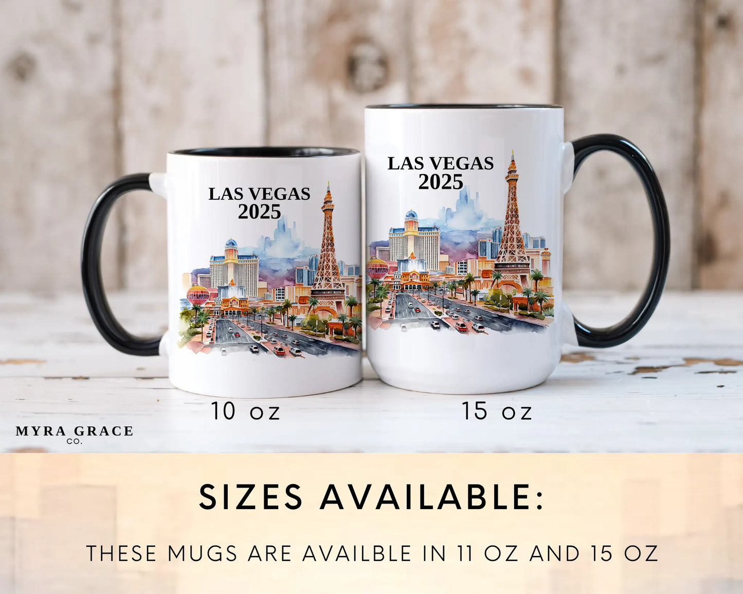 Custom ceramic Las Vegas vacation mug with watercolor location design, date, and personal photo – personalized travel gift or photo mug. Sizes available