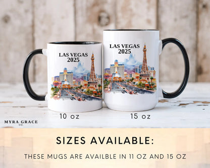 Custom ceramic Las Vegas vacation mug with watercolor location design, date, and personal photo – personalized travel gift or photo mug. Sizes available
