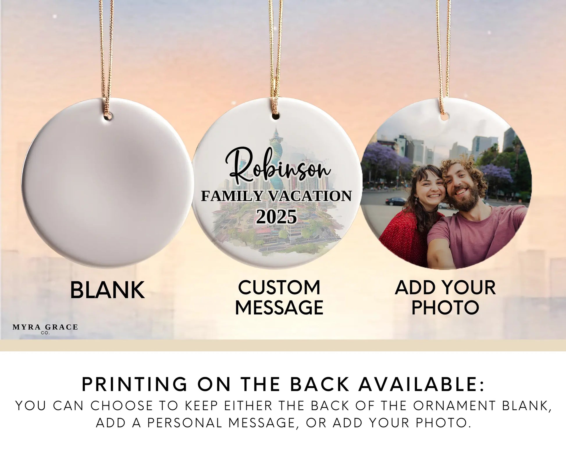 Custom Panama City ceramic photo ornament with personalized message – handmade Christmas bauble, gift souvenir, or vacation keepsake. Add your photo