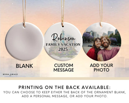 Custom Panama City ceramic photo ornament with personalized message – handmade Christmas bauble, gift souvenir, or vacation keepsake. Add your photo