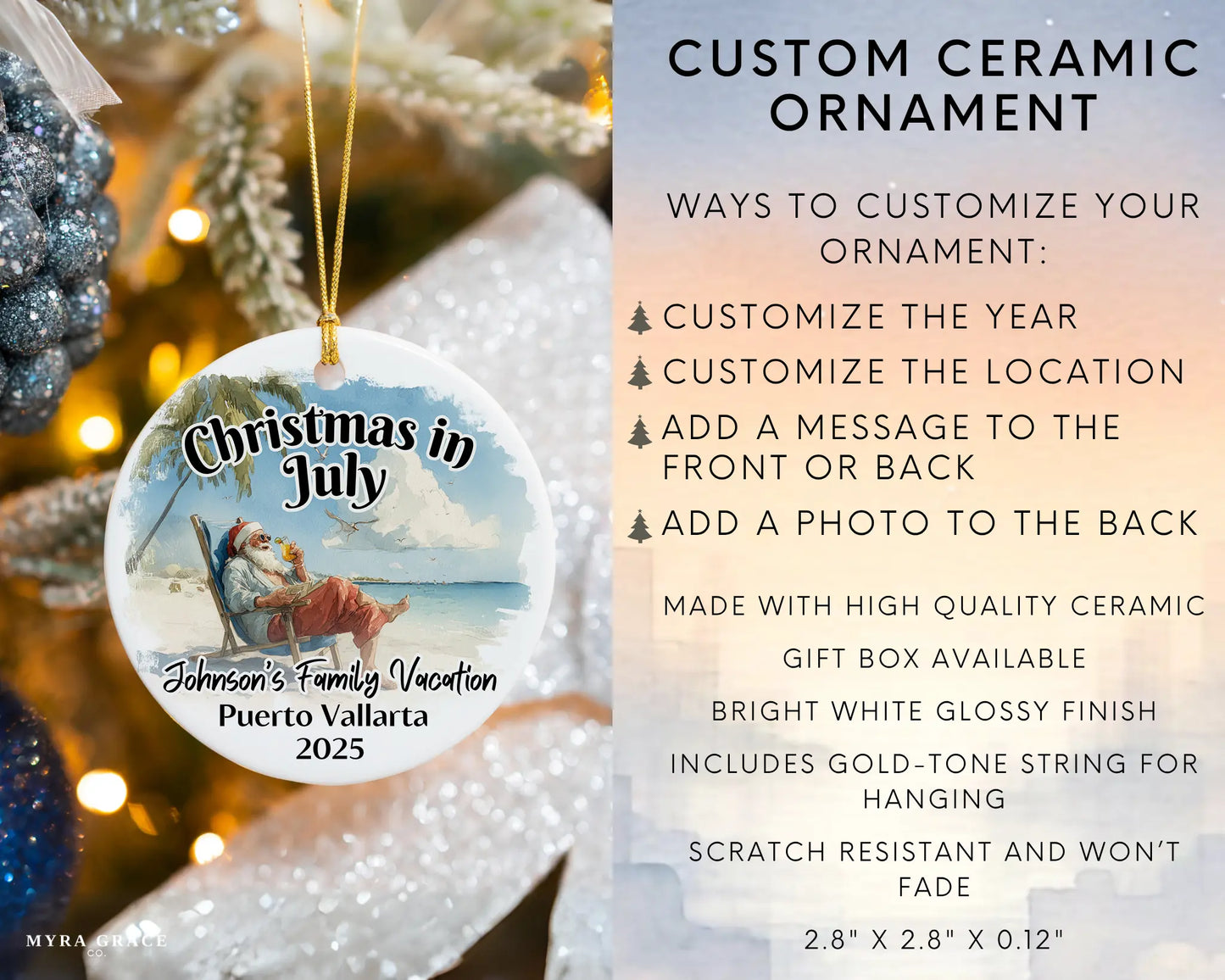Custom vacation ceramic photo ornament with personalized message – handmade Christmas bauble, gift souvenir, or vacation keepsake. Christmas in July. Infographic