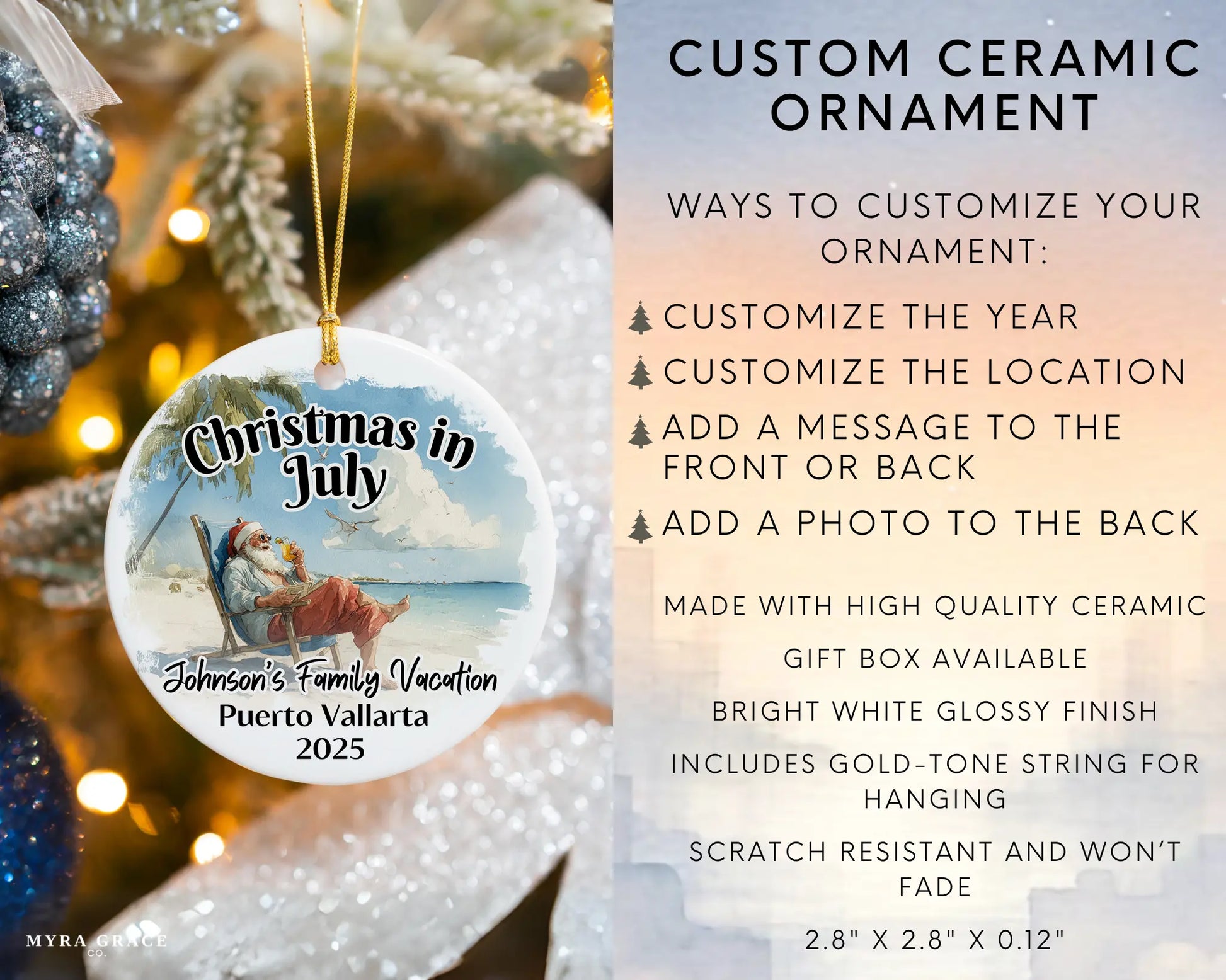 Custom vacation ceramic photo ornament with personalized message – handmade Christmas bauble, gift souvenir, or vacation keepsake. Christmas in July. Infographic