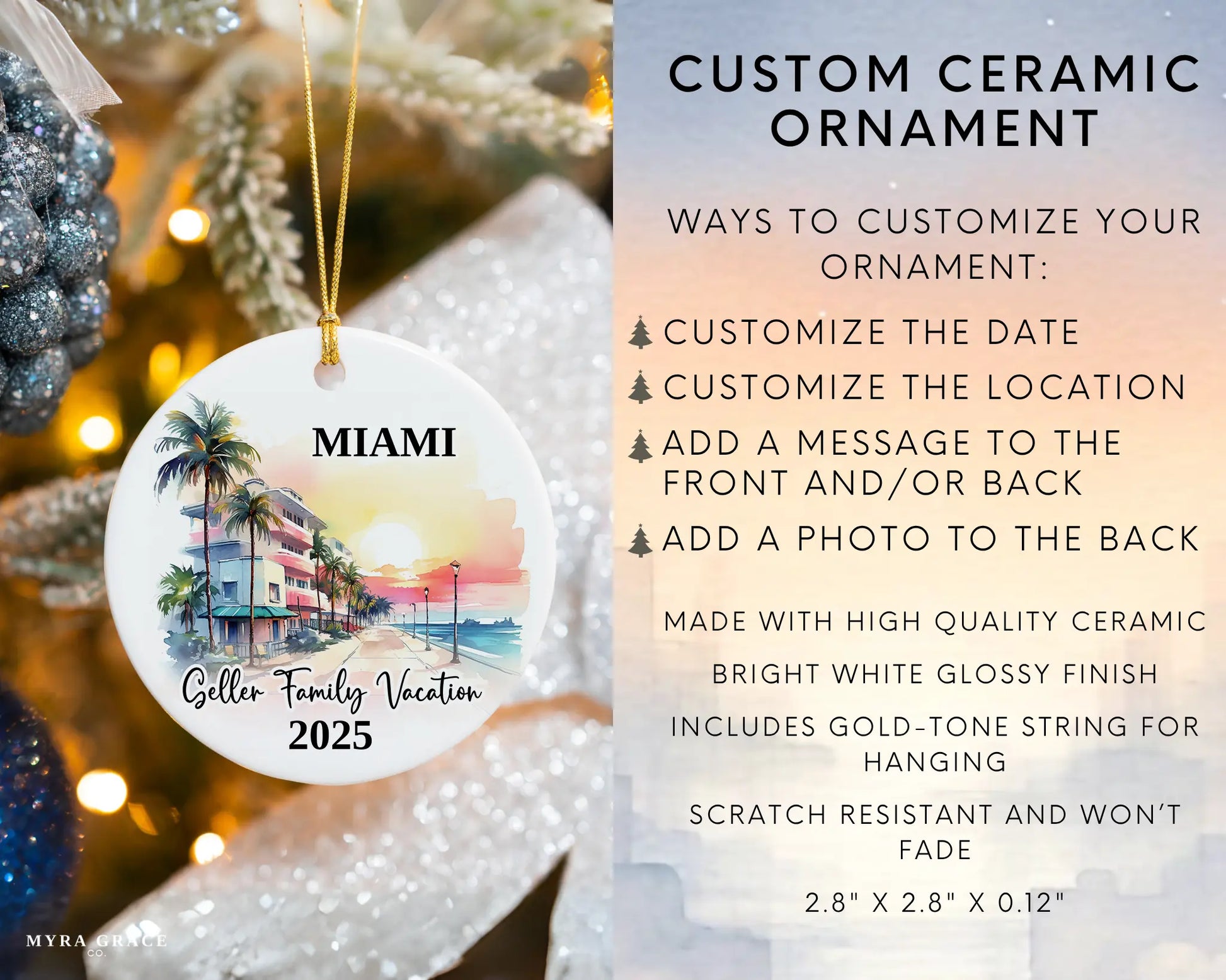 Custom vacation Miami Florida ceramic photo ornament with personalized message – handmade Christmas bauble, gift souvenir, or vacation keepsake. Infographic