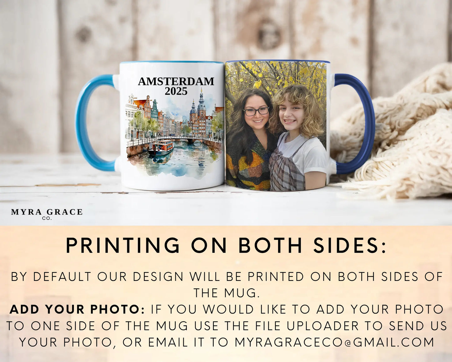 Custom ceramic Amsterdam vacation mug with watercolor location design, date, and personal photo – personalized travel gift or photo mug. Add your photo