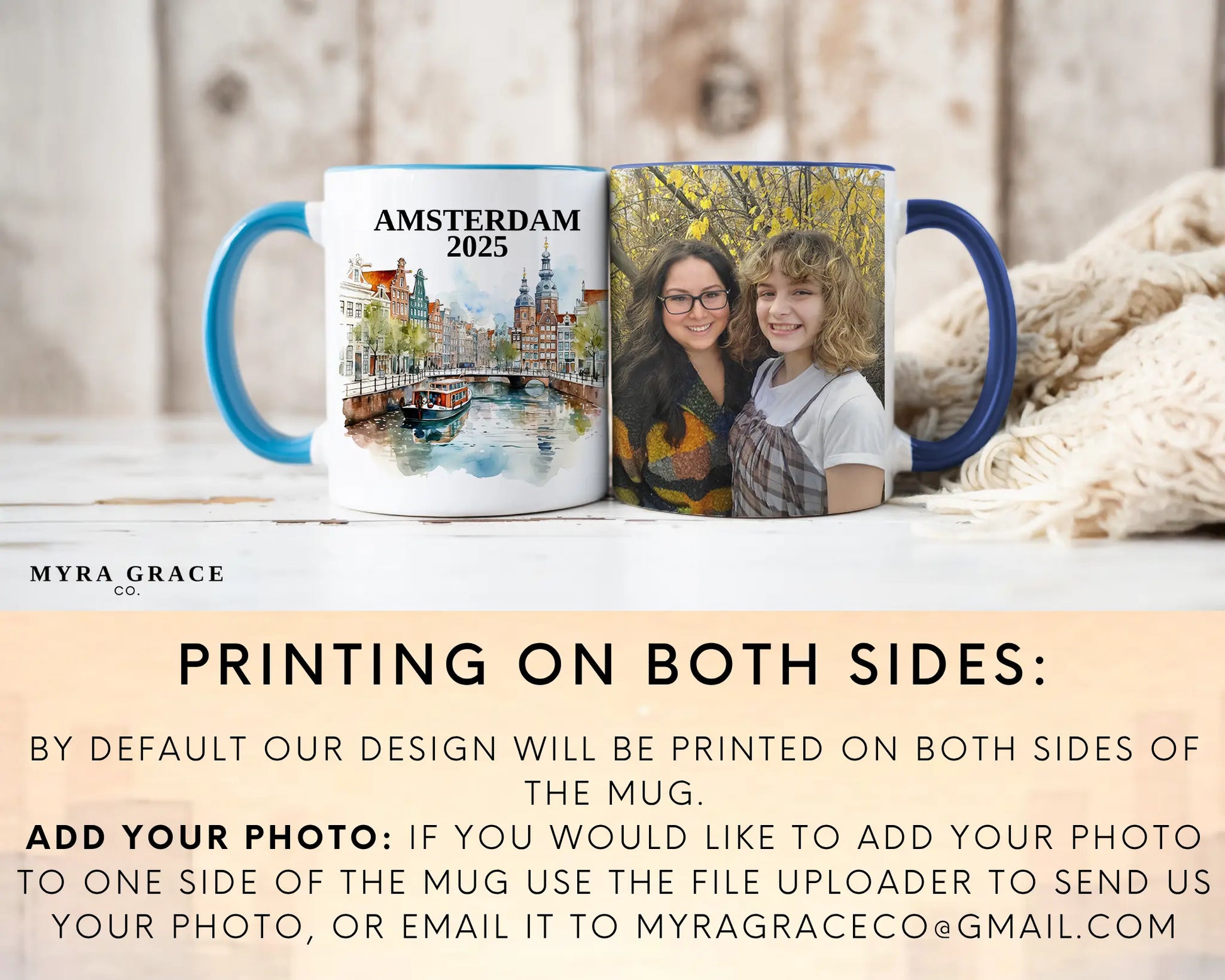 Custom ceramic Amsterdam vacation mug with watercolor location design, date, and personal photo – personalized travel gift or photo mug. Add your photo