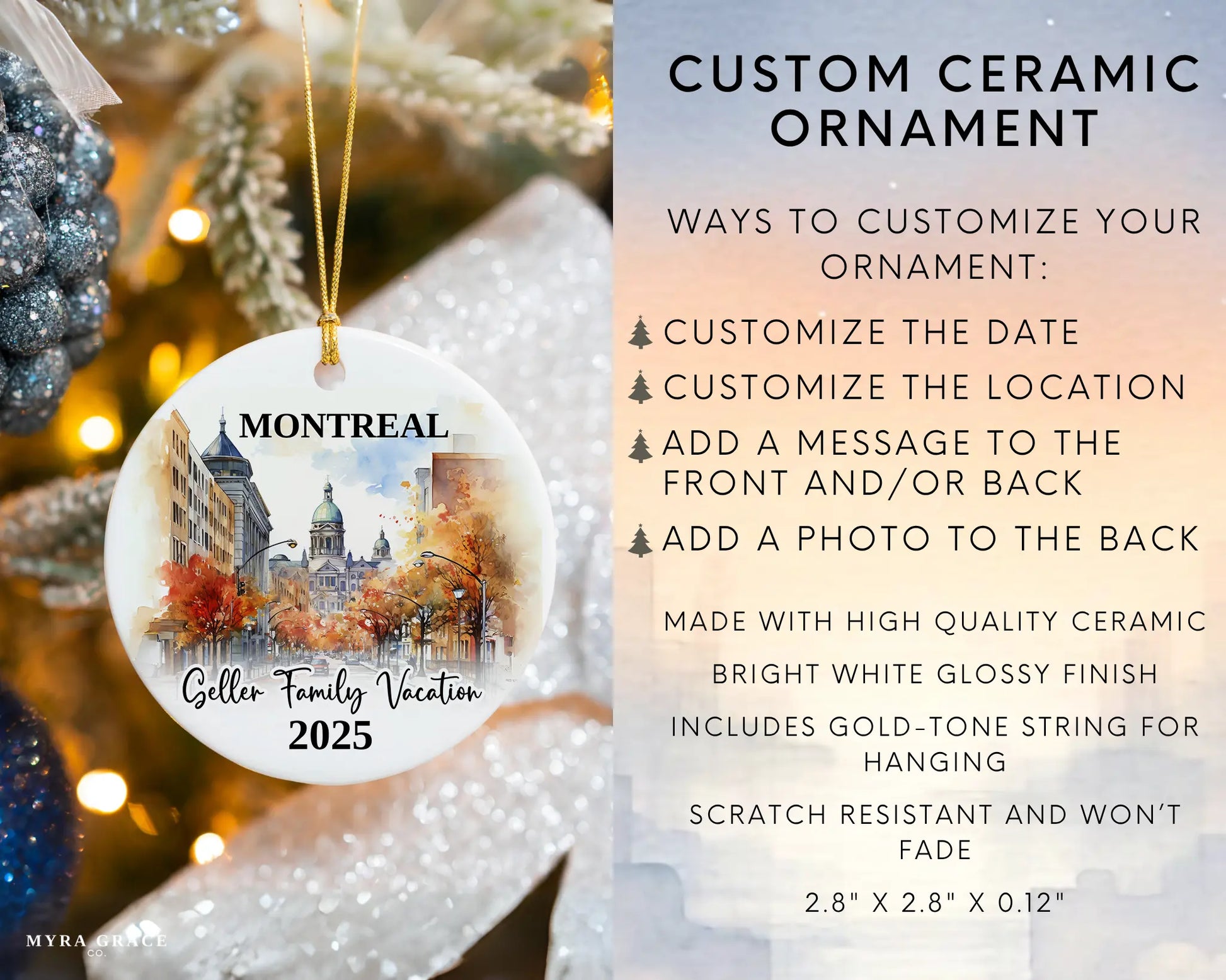 Custom vacation Montreal Quebec ceramic photo ornament with personalized message – handmade Christmas bauble, gift souvenir, or vacation keepsake. Infographic