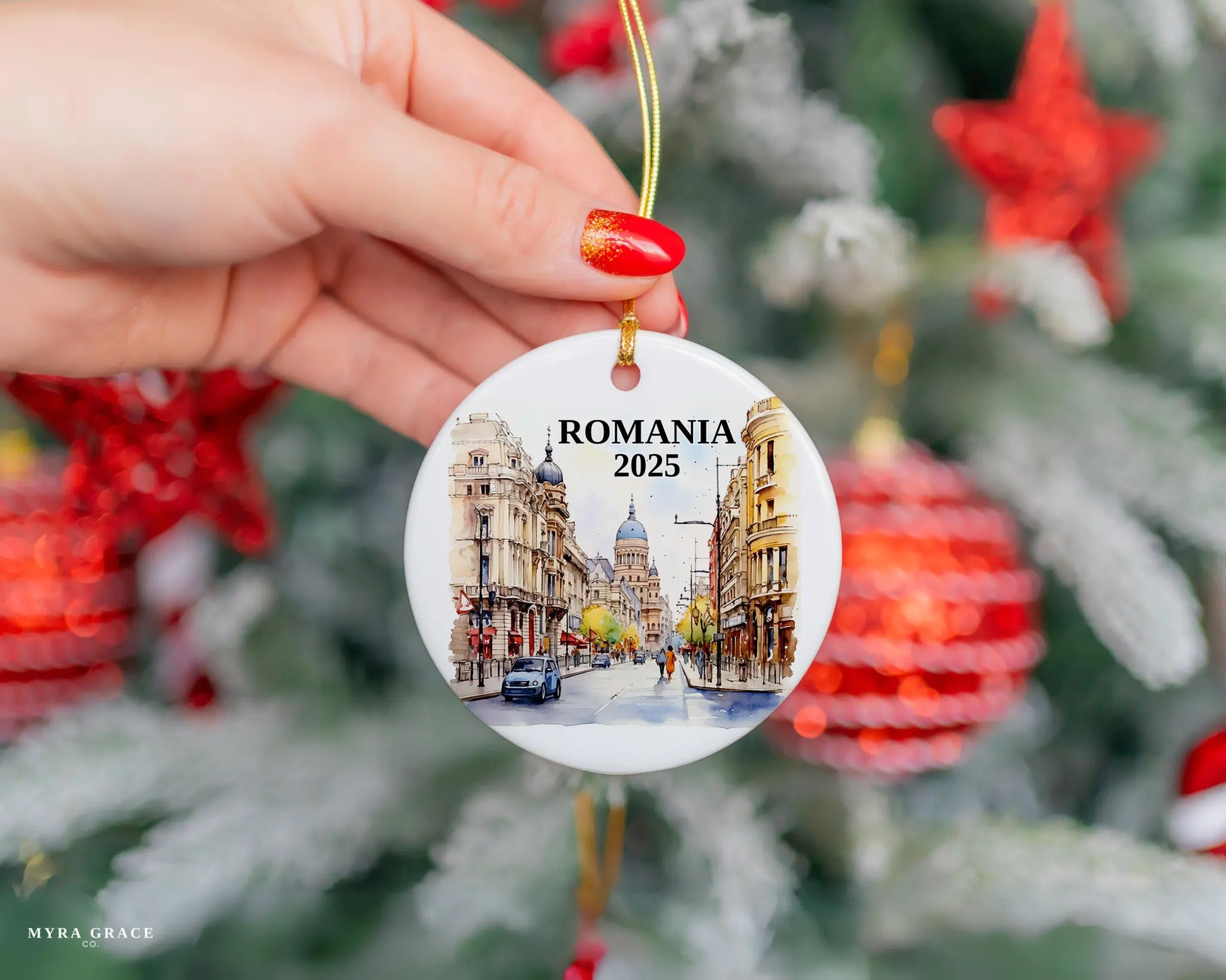 Custom Romania ceramic photo ornament with personalized message – handmade Christmas bauble, gift souvenir, or vacation keepsake. 