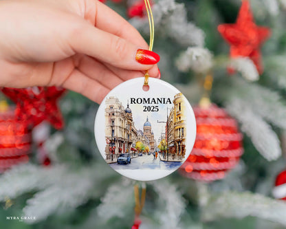 Custom Romania ceramic photo ornament with personalized message – handmade Christmas bauble, gift souvenir, or vacation keepsake. 