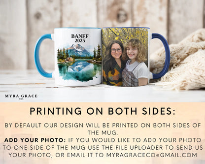 Custom ceramic Banff vacation mug with watercolor location design, date, and personal photo – personalized travel gift or photo mug. Add your photo