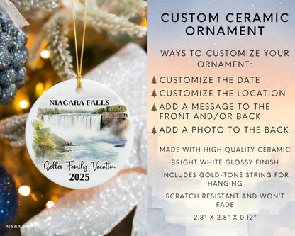 Custom vacation Niagara Falls ceramic photo ornament with personalized message – handmade Christmas bauble, gift souvenir, or vacation keepsake. Infographic
