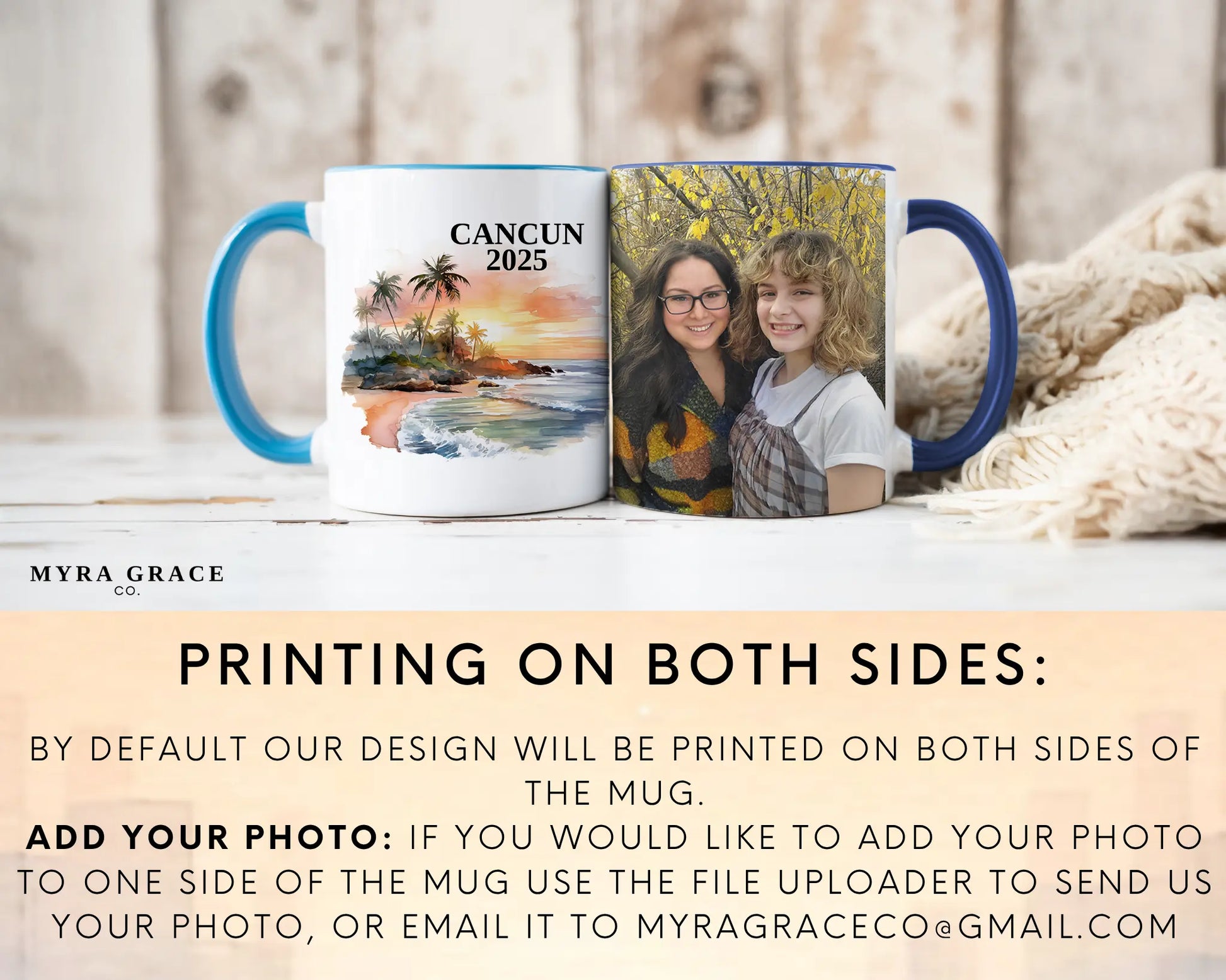Custom ceramic Cancun Mexico vacation mug with watercolor location design, date, and personal photo – personalized travel gift or photo mug. Add your photo