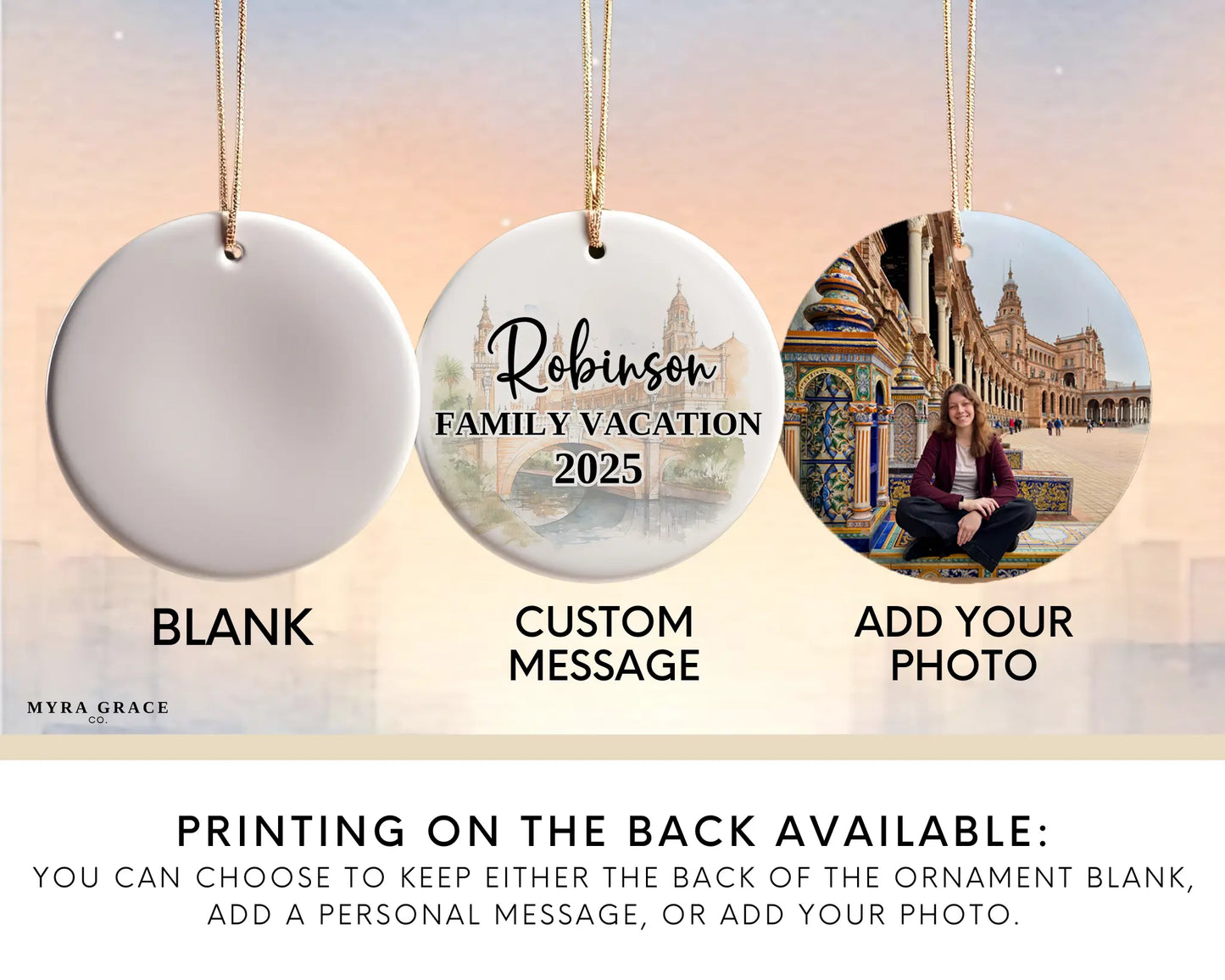 Seville Spain Ornament Custom Gift Souvenir Bauble. Custom Seville Spain ceramic photo ornament with personalized message – handmade Christmas bauble, gift souvenir, or vacation keepsake.  Add your photo