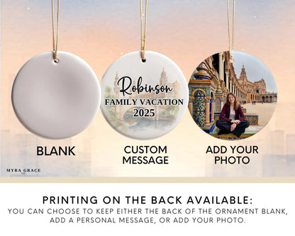 Seville Spain Ornament Custom Gift Souvenir Bauble. Custom Seville Spain ceramic photo ornament with personalized message – handmade Christmas bauble, gift souvenir, or vacation keepsake.  Add your photo