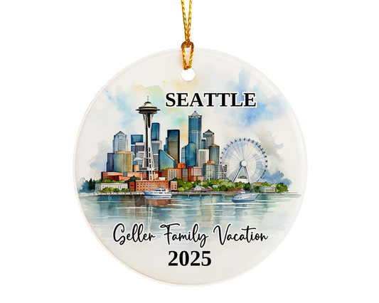 Custom vacation Seattle ceramic photo ornament with personalized message – handmade Christmas bauble, gift souvenir, or vacation keepsake. 