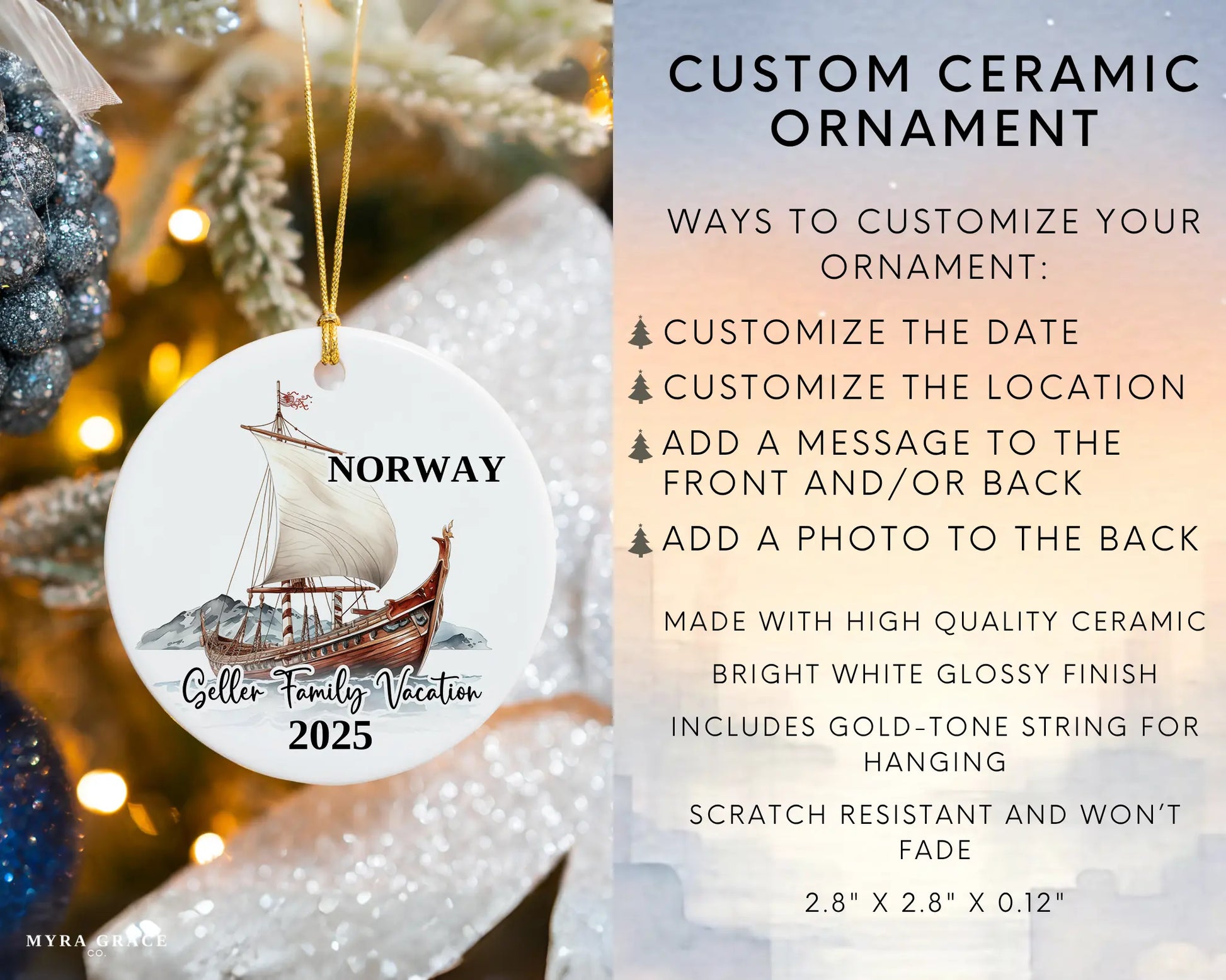 Custom vacation Norway ceramic photo ornament with personalized message – handmade Christmas bauble, gift souvenir, or vacation keepsake. 