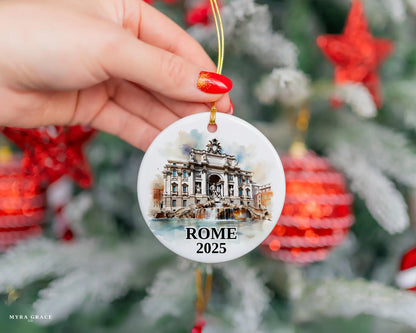 Custom Rome Trevi Fountain ceramic photo ornament with personalized message – handmade Christmas bauble, gift souvenir, or vacation keepsake. 
