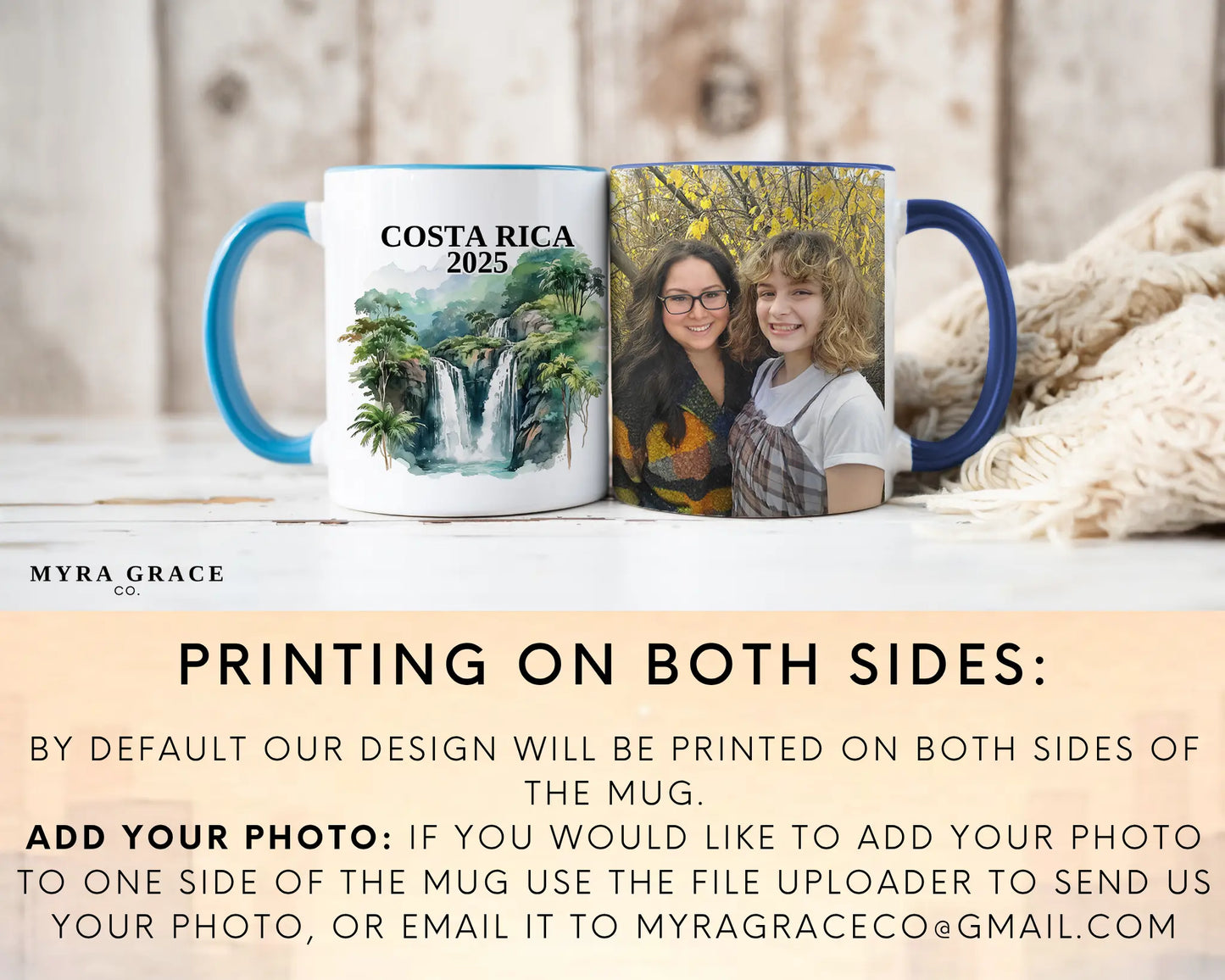 Custom ceramic Costa Rica vacation mug with watercolor location design, date, and personal photo – personalized travel gift or photo mug. Add your photo