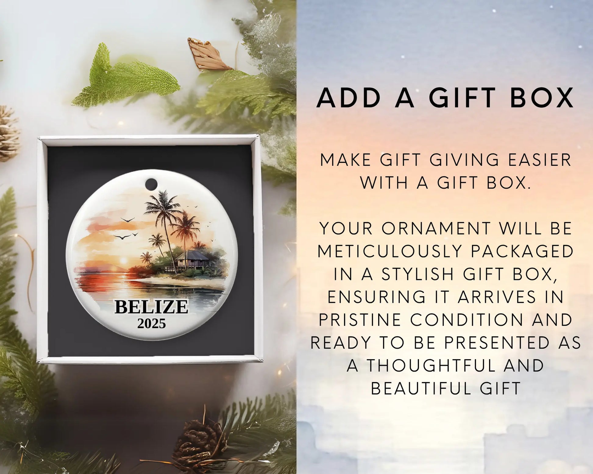 Custom Belize ceramic photo ornament with personalized message – handmade Christmas bauble, gift souvenir, or vacation keepsake.  Add gift box