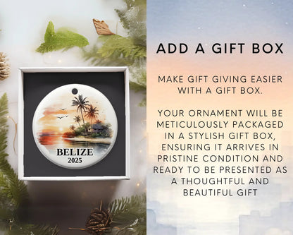 Custom Belize ceramic photo ornament with personalized message – handmade Christmas bauble, gift souvenir, or vacation keepsake.  Add gift box