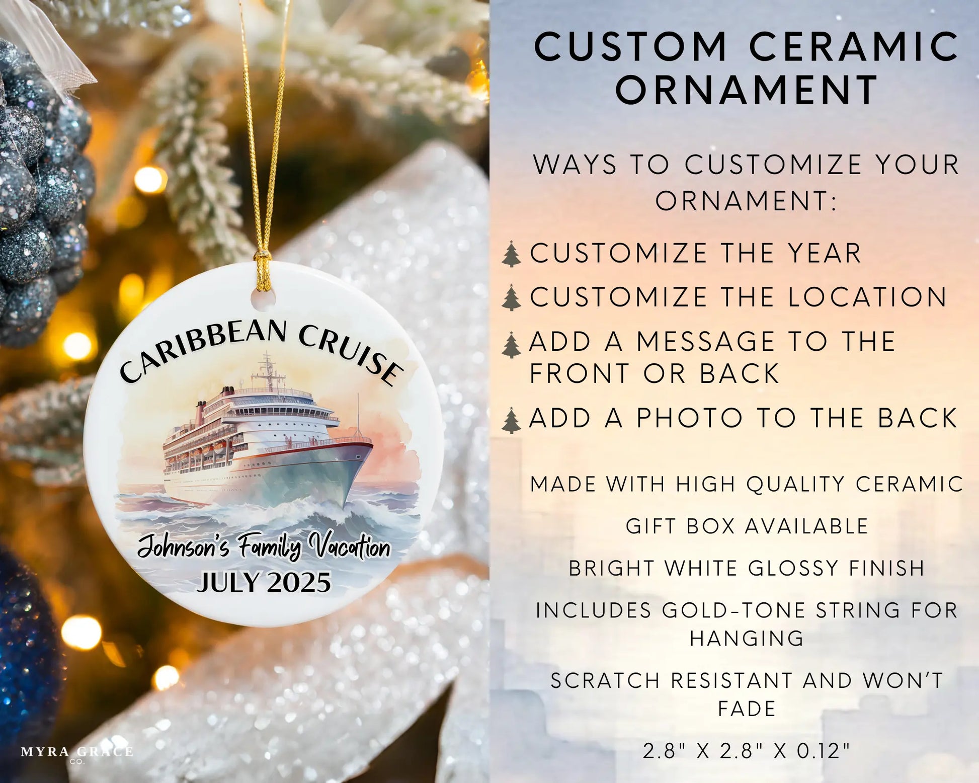 Handmade ceramic Caribbean cruise ornament with personalized location and photo – custom Christmas bauble or cruise vacation souvenir. Infographic