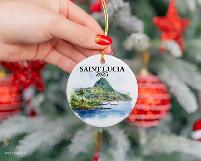 Custom Saint Lucia ceramic photo ornament with personalized message – handmade Christmas bauble, gift souvenir, or vacation keepsake. 