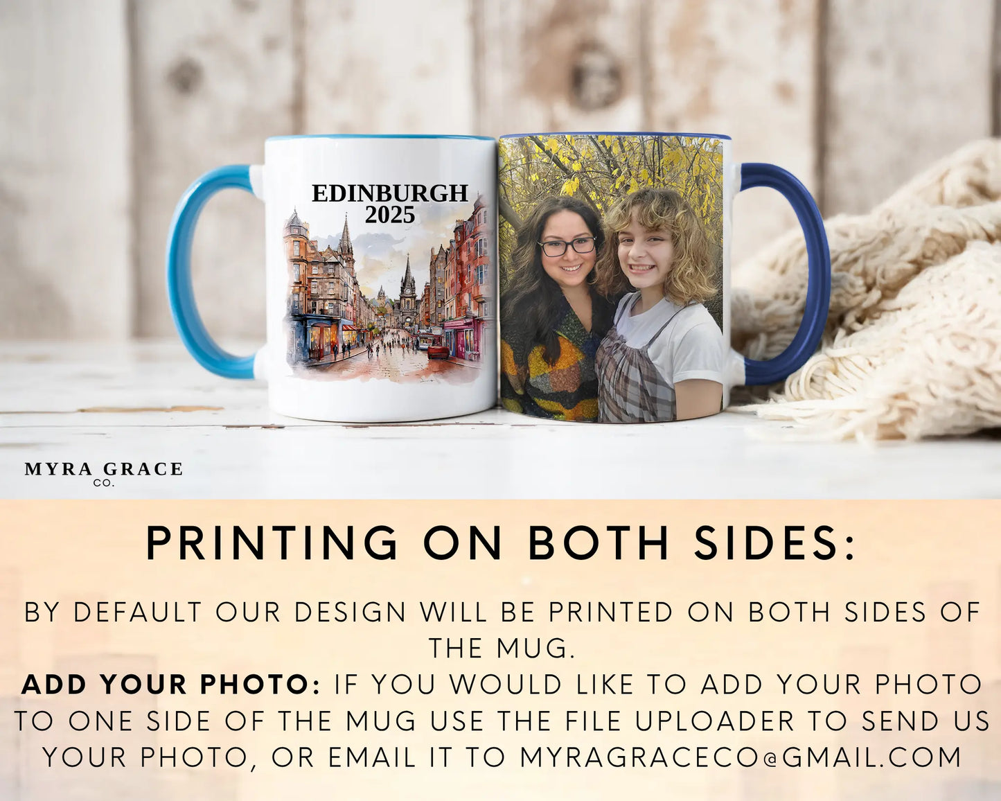 Custom ceramic Edinburgh Scotland vacation mug with watercolor location design, date, and personal photo – personalized travel gift or photo mug. Add your photo