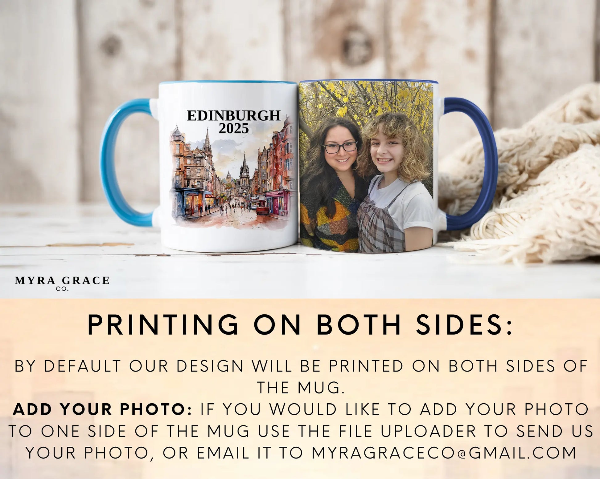Custom ceramic Edinburgh Scotland vacation mug with watercolor location design, date, and personal photo – personalized travel gift or photo mug. Add your photo