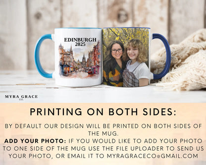 Custom ceramic Edinburgh Scotland vacation mug with watercolor location design, date, and personal photo – personalized travel gift or photo mug. Add your photo