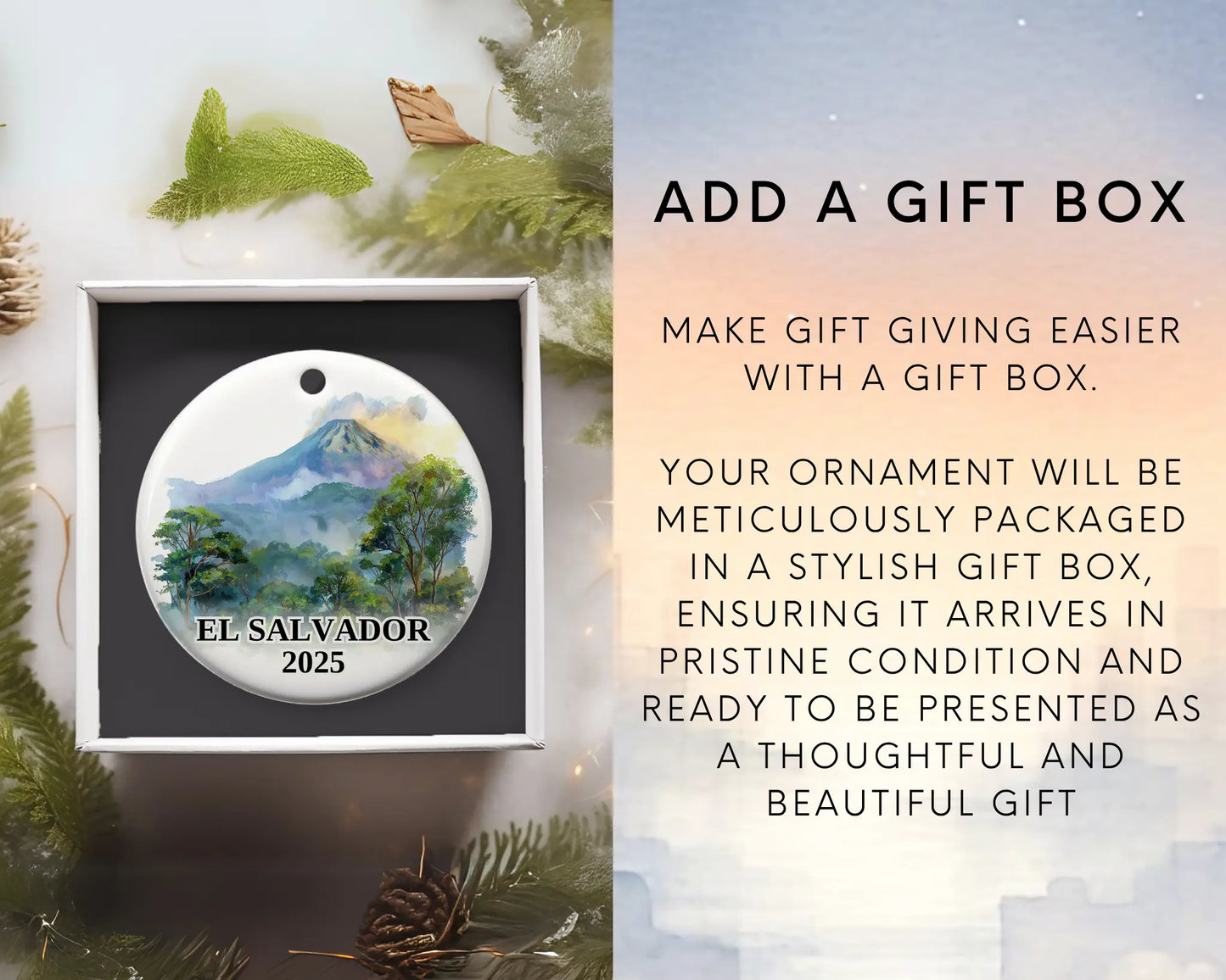 Custom El Salvador ceramic photo ornament with personalized message – handmade Christmas bauble, gift souvenir, or vacation keepsake.  Add gift box