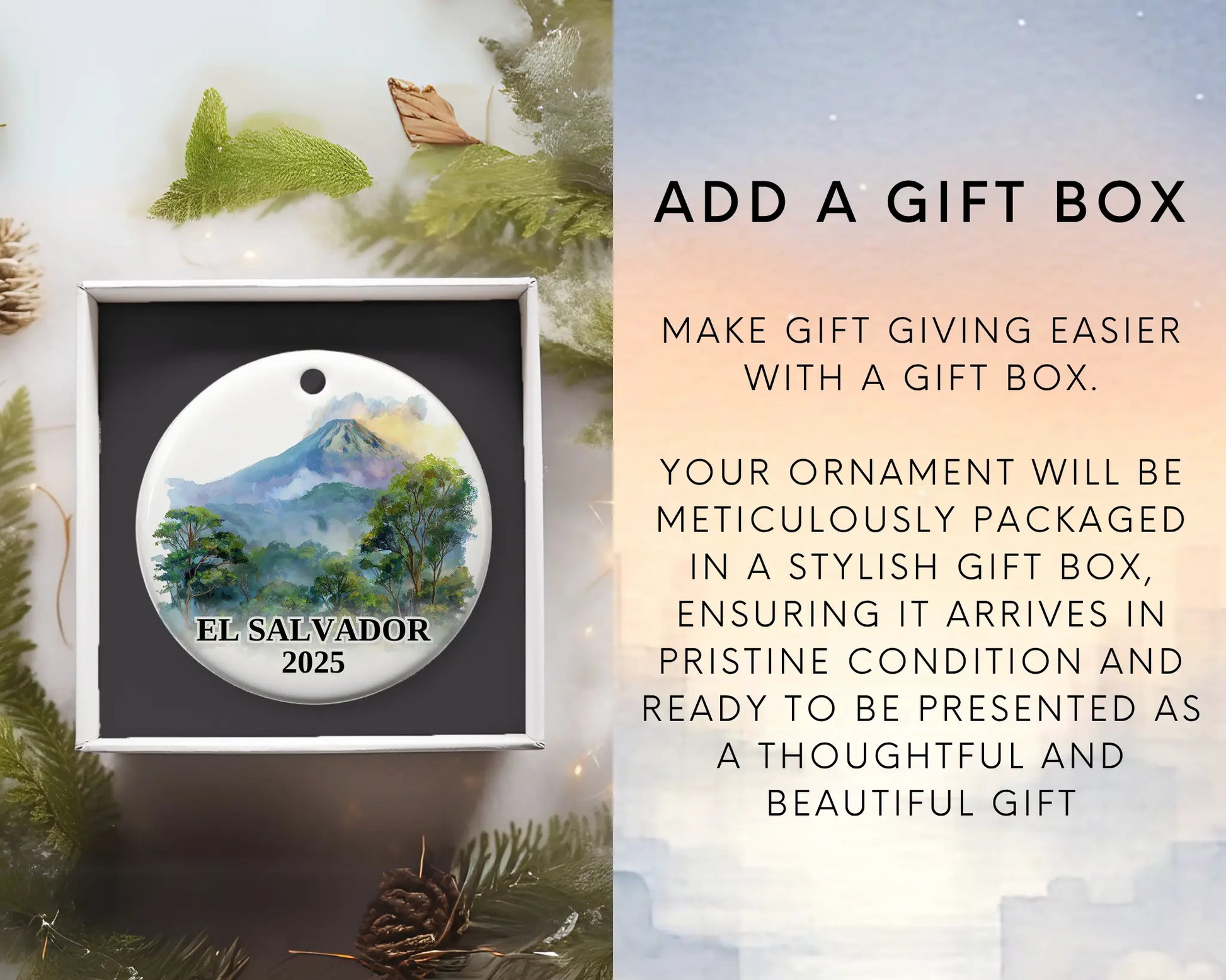 Custom El Salvador ceramic photo ornament with personalized message – handmade Christmas bauble, gift souvenir, or vacation keepsake.  Add gift box