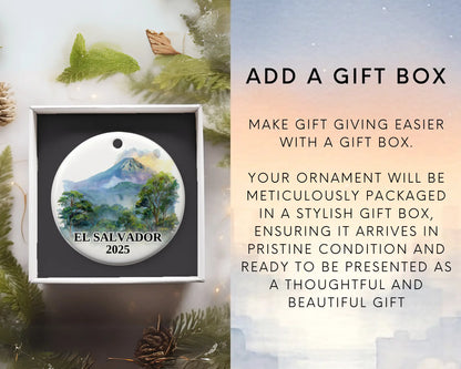 Custom El Salvador ceramic photo ornament with personalized message – handmade Christmas bauble, gift souvenir, or vacation keepsake.  Add gift box