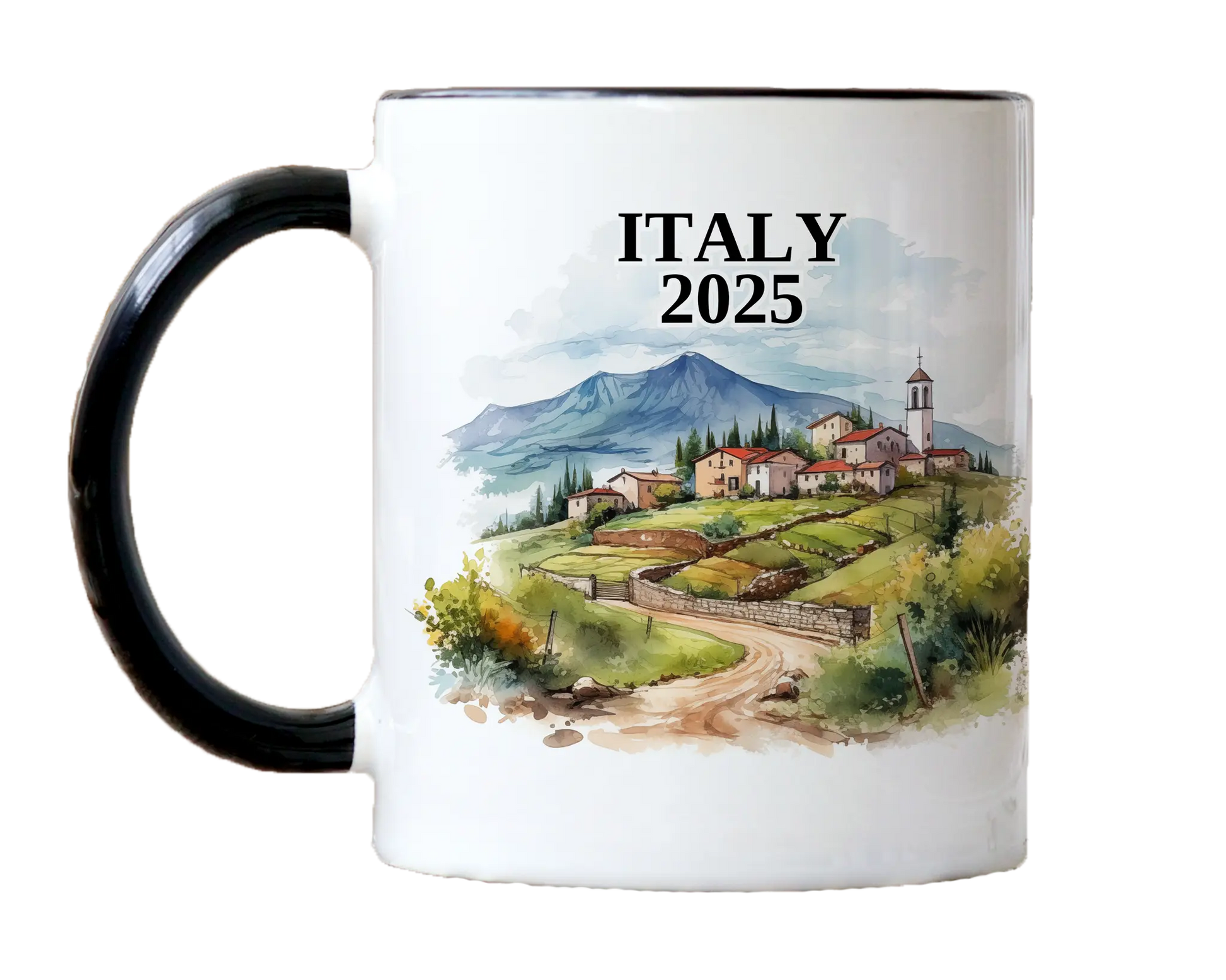 Custom ceramic Italy vacation mug with watercolor location design, date, and personal photo – personalized travel gift or photo mug. 