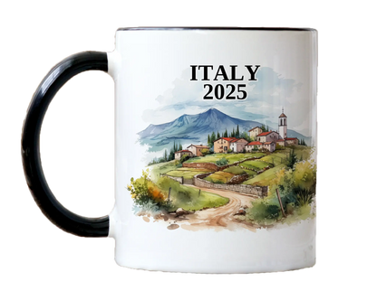 Custom ceramic Italy vacation mug with watercolor location design, date, and personal photo – personalized travel gift or photo mug. 