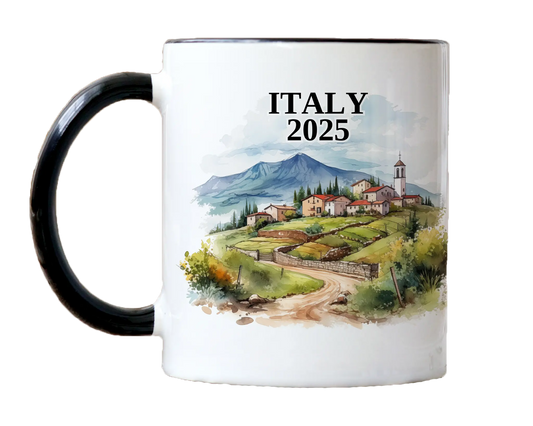 Custom ceramic Italy vacation mug with watercolor location design, date, and personal photo – personalized travel gift or photo mug. 