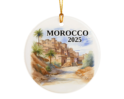 Custom Morocco ceramic photo ornament with personalized message – handmade Christmas bauble, gift souvenir, or vacation keepsake.  