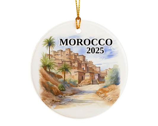 Custom Morocco ceramic photo ornament with personalized message – handmade Christmas bauble, gift souvenir, or vacation keepsake.  