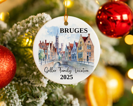 Custom vacation Bruges ceramic photo ornament with personalized message – handmade Christmas bauble, gift souvenir, or vacation keepsake. 