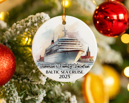 Handmade ceramic Baltic Sea cruise ornament with personalized location and photo – custom Christmas bauble or cruise vacation souvenir.