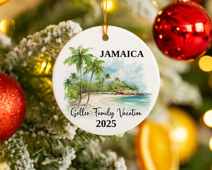 Custom vacation Jamaica ceramic photo ornament with personalized message – handmade Christmas bauble, gift souvenir, or vacation keepsake. 