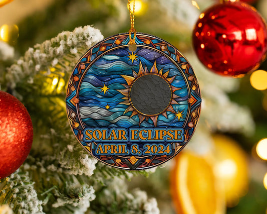 Ceramic solar eclipse 2024 ornament with celestial design – space-themed gift or keepsake.