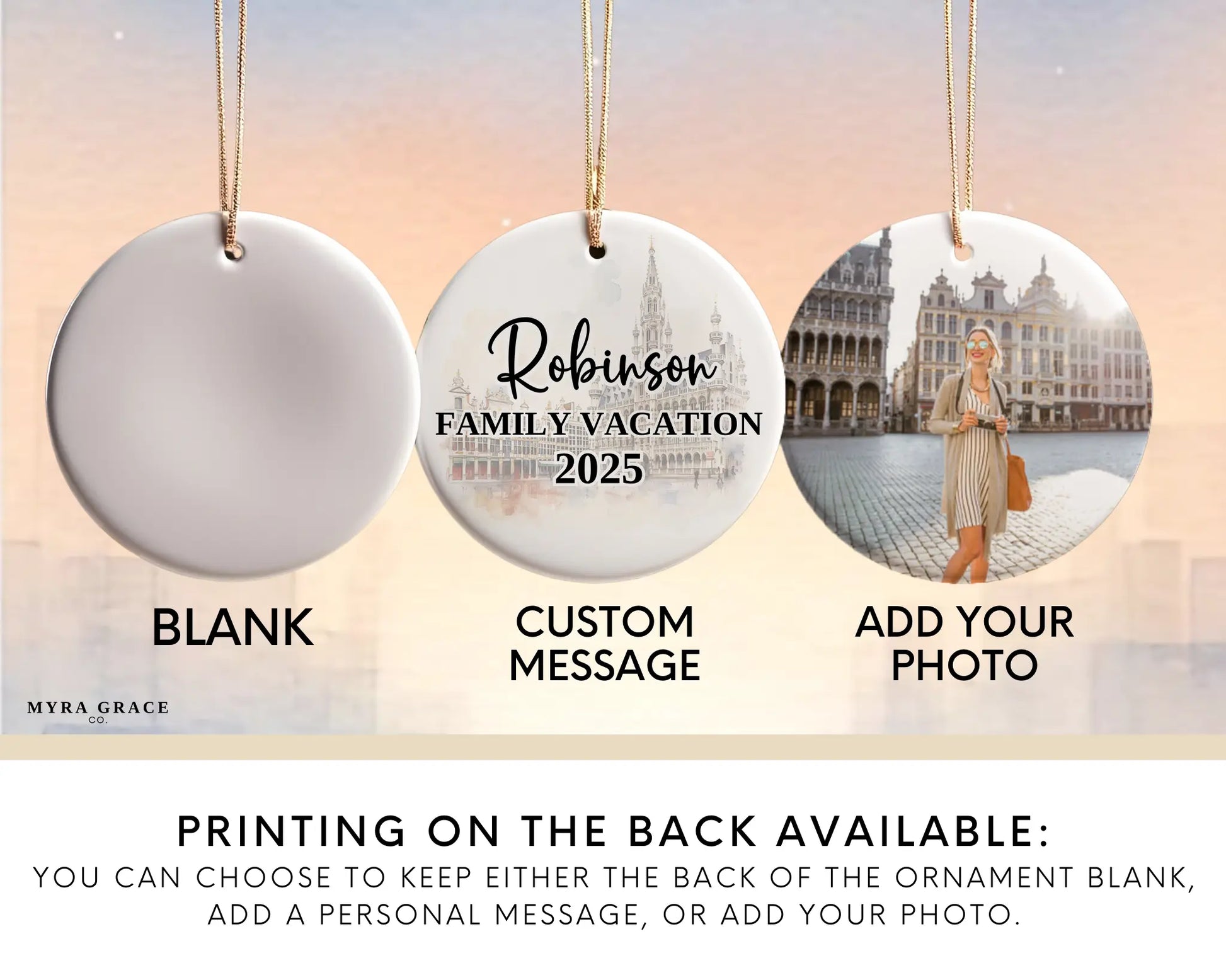 Custom Brussels Belgium ceramic photo ornament with personalized message – handmade Christmas bauble, gift souvenir, or vacation keepsake. Add your photo