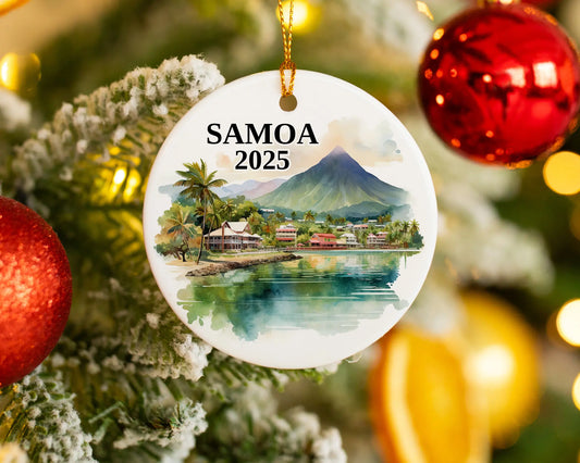 Custom Samoa ceramic photo ornament with personalized message – handmade Christmas bauble, gift souvenir, or vacation keepsake. 