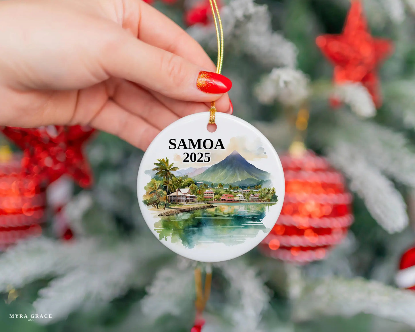 Custom Samoa ceramic photo ornament with personalized message – handmade Christmas bauble, gift souvenir, or vacation keepsake. 