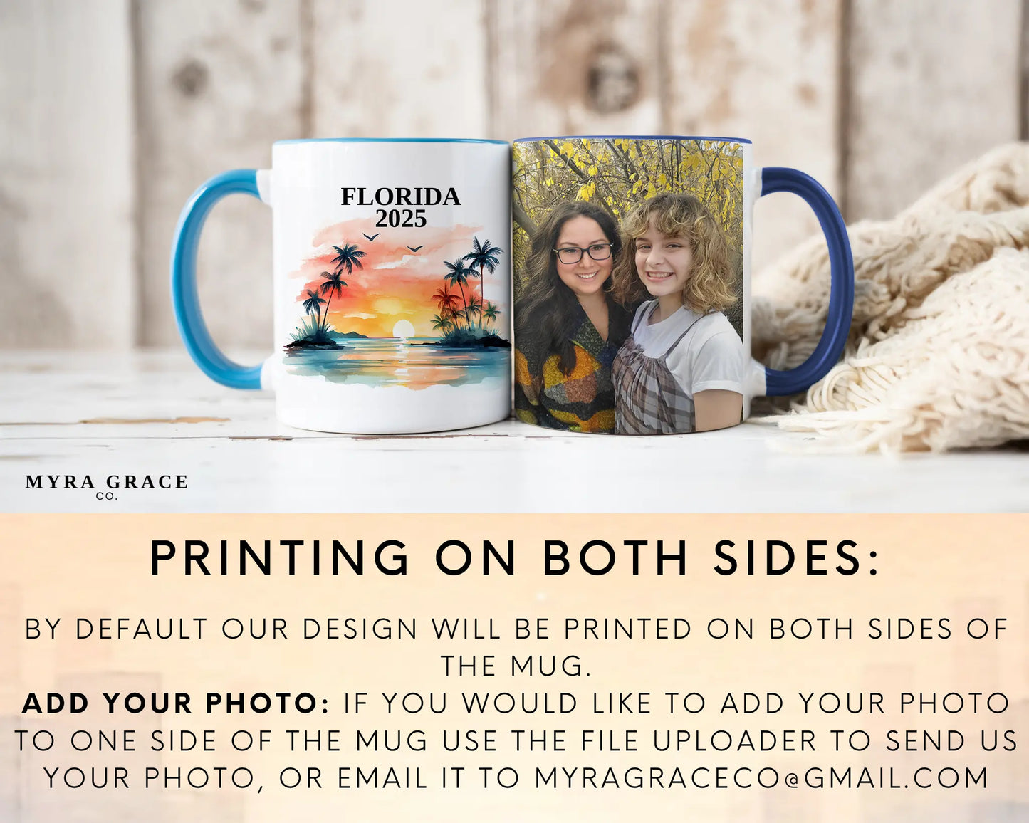 Custom ceramic Florida vacation mug with watercolor location design, date, and personal photo – personalized travel gift or photo mug. Add your photo